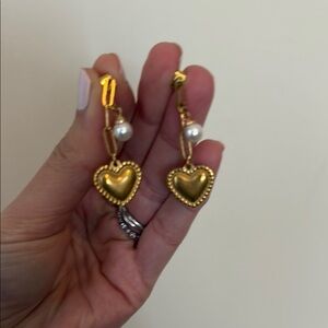 Gold Heart Drop Earrings with Pearl Accent
